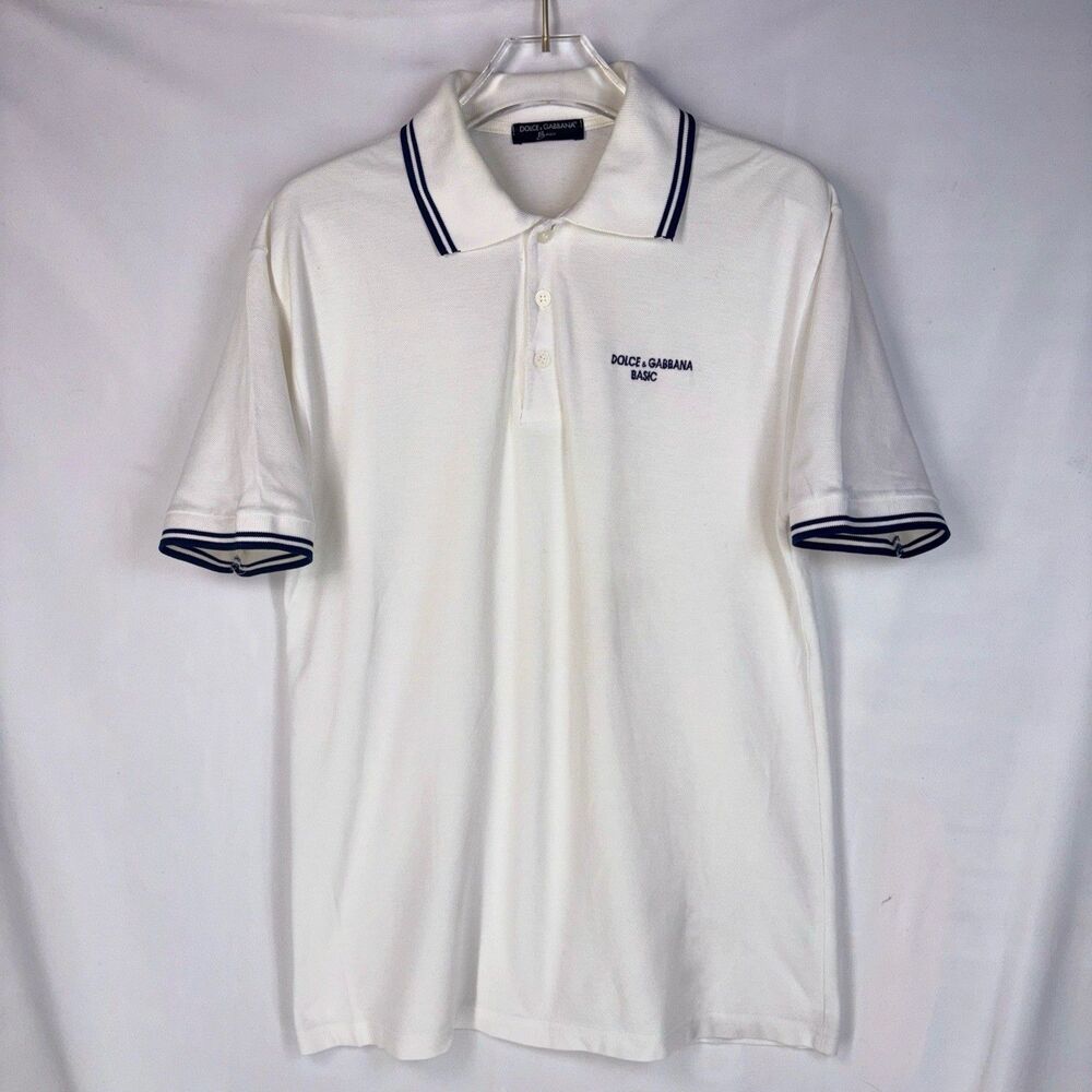 Dolce Gabbana Basic Polo Shirt Medium White with Navy Blue Logo & Stripe at Cuff